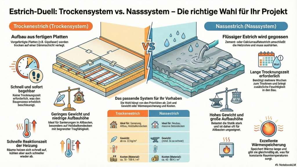 BAU.DE / BAU-Forum: 1. Bild zu Antwort "Technischer Bericht: Systemvergleich von Nassestrich und Trockenestrich f&uuml;r Neubau und Sanierung" auf die Frage "Trockenbau-Fu&szlig;bodenheizung: Unterschiede im Laufgef&uuml;hl und Ger&auml;usch im Vergleich zum Nassestrich?" im BAU-Forum "Fu&szlig;bodenheizungen / Wandheizungen"